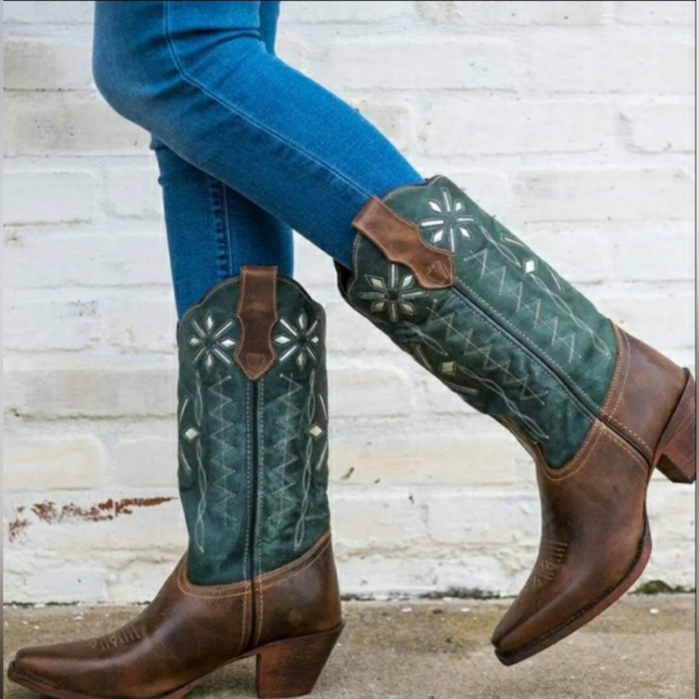 Laredo Womens Passion Flower Western Cowgirl Cowboy Boots 7.5 Square Toe Cognac